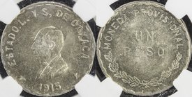 MEXICO: AR peso, Oaxaca, 1915, KM-740.1, revolutionary issue, NGC graded MS64.
 Estimate: USD 90 - 110