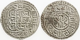 NEPAL: BHATGAON: Ranajit Malla, 1722-1769, AR mohar, NS842 (1722), KM-108, Rh-564. Cr-20a, "black tangka", early type with semi-circle below trident, ...