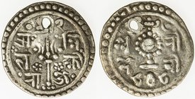 NEPAL: KATHMANDU: Riddhi Lakshmi Devi, 1688, AR ¼ mohar (1.3g), NS808 (1688), KM-200, regent for Bhupalendra Malla in 1688, pierced, VF, R. 
 Estimat...
