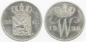 NETHERLANDS: Willem I, 1815-1840, AR 25 cents, 1826, KM-48, light surface hairlines, EF-AU.
 Estimate: USD 60 - 80