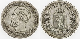 NORWAY: Oscar II, 1872-1907, AR krone, 1893, KM-357, somewhat better date, VF.
 Estimate: USD 140 - 160