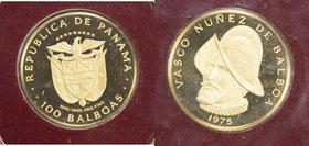 PANAMA: Republic, AV 100 balboas (8.16g), 1975, KM-41, AGW: 0.4962oz, in original blue vinyl sleeves and sealed cachet, struck on the first day of min...