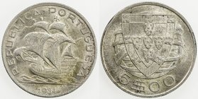 PORTUGAL: Republic, AR 5 escudos, 1934, KM-581, light tone, better date, AU.
 Estimate: USD 65 - 85