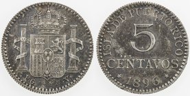 PUERTO RICO: Alfonso XIII, 1886-1931, AR 5 centavos, 1896, KM-20, initials PGV, darkly toned with reflective surfaces, lovely AU, S. 
 Estimate: USD ...