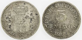 PUERTO RICO: Alfonso XIII, 1886-1931, AR 5 centavos, 1896, KM-20, initials PGV, uneven toning, one-year type, F-VF.
 Estimate: USD 50 - 60