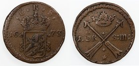 SWEDEN: Karl XI, 1660-1697, AE öre, Avesta mint, 1673, KM-264, 46mm, variety with star privy mark, usual planchet roughness, Fine.
 Estimate: USD 100...