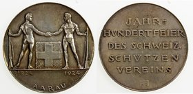 SWISS CANTONS: AARGAU: AE medal (51.68g), 1924, Richter 19b, Martin 36, 50mm silvered bronze medal for the Centenial of the Swiss Shooting Club by Jul...