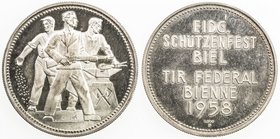 SWISS CANTONS: BERN: AR medal (15.15g), 1958, Richter 365Bb, 33mm .900 silver medal for the Federal Shooting Festival at Bienne, by JR for Huguenin & ...
