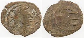 MEDIEVAL CEYLON: Anonymous, 3rd-4th century AD, AE unit (1.91g), local imitation of a Roman copper coin, crude imperial bust right // highly stylized ...