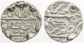 DHOLPUR: Kirat Singh, 1806-1837, AR rupee (10.98g), Dholpur, AH1228 year 17, Cr-12.2, in the name of Muhammad Akbar II, pistol mark, many testmarks on...