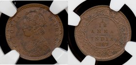 BRITISH INDIA: Victoria, Empress, 1876-1901, AE 1/12 anna, 1887(c), KM-483, NGC graded MS62 BR.
 Estimate: USD 50 - 75