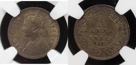 BRITISH INDIA: Victoria, Empress, 1876-1901, AE 1/12 anna, 1891(c), KM-483, NGC graded MS61 BR.
 Estimate: USD 40 - 60