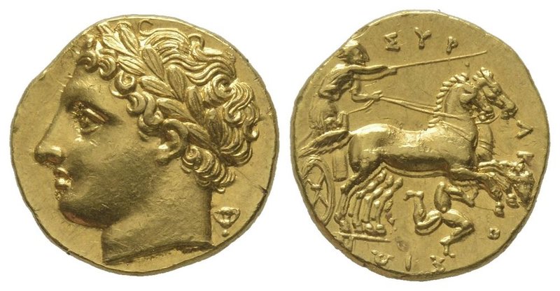 Gold decadrachm, Syracuse, 317-289 BC, AU 4,30 g. Ref : BMC 339. Provenance : Ge...