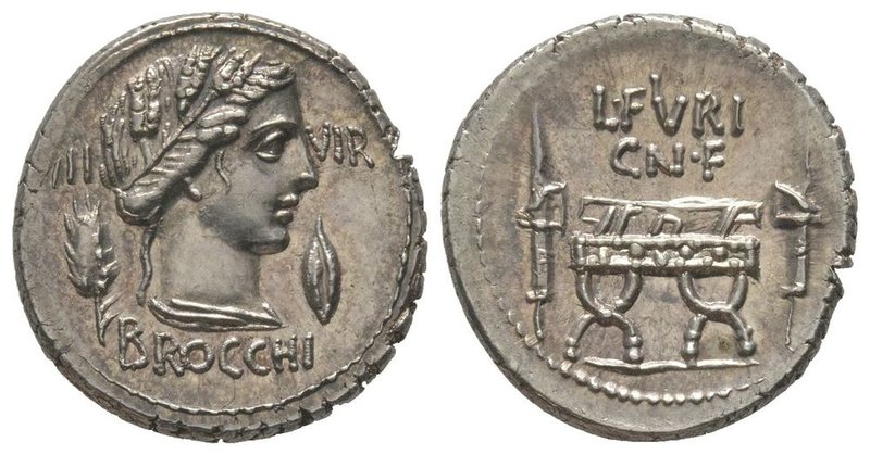 Furius Brocchus, Denarius, Rome, 63 BC, AG 3,90g. Ref : Cr 414/1, RSC Furia 23 P...
