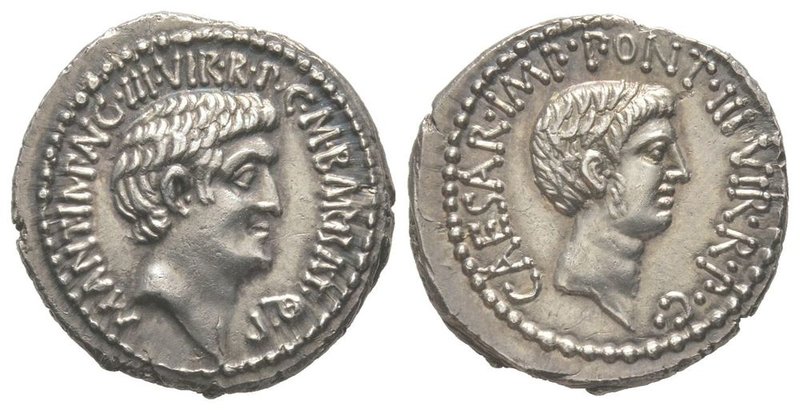 Marcus Antonius and Octavianus, Denarius, mint moving, 41 BC, AG 4,01 g. Ref : C...