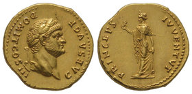 Domitian as Caesar (70-81) Aureus, Rome, 74, AU 7.24 g. Obverse : CAES AVG F Reverse : PRINCEPS IVVENTVT Ref : BMCRE 154, CBN 1341, Cohen 374, RIC 233...