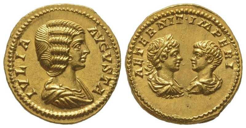 Julia Domna, Caracalla und Geta. Aureus, Rome, 196/211, AU 7,14 g. Obverse : IVL...