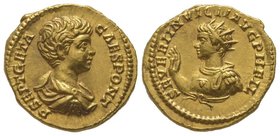 Geta (198-209) Aureus, Rome, 200, AU 7,25g. Ref : Cal 2930, C. 1; RIC 21; BMC 244; Hill 452. Provenance : NGSA 4, 11/12/2006, lot 204. Almost uncircul...