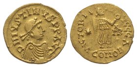 Burgundians - Gundomar II (524-532) Tremissis in the name of Justin I, AU 1.44 g. Ref : MEC 341 (these dies); Tomasini 227-231. Provenance : Stack’s (...