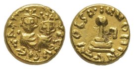 Arab-Byzantine, Abd al-Malik b. Marwan Semissis, North Africa, 685-705, (AH 65-86), AU 2.01 g. Obverse : JVSGVS JVS • ЄT A[VS NON Є] (J’s inverted). T...