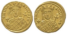 Irene (797-802) Solidus. Constantinople, 800-802, AU 4.35 g. Obverse : ЄIRINH bASILISSH. Bust of Irene facing, wearing crown and loros, holding globus...