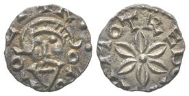 ROTOMAGUM (Rouen). Mellitus or Melgitus. Silver Denarius 700-725. Ermobertus, moneyer. AG 1,16 g. Ref : NM 6, Bais 8, Belfort 3844, Prou 270, MEC 1, –...