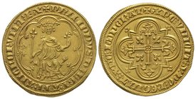 Philippe IV, 1285-1314. Masse d’or (10 january 1296). 1st emission, AU 7,04 g. Obverse : +PhILIPPVS DEI GRA FRANChORVM REX The crowned king seated on ...