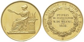 Gold Medal, 1852, « Comice Agricole, 1st prize to M. Du Mesnil » AU 28,9 g. 31 mm by Brenet UNC. Delivered in the original box
Estimation: 800-1000 E...