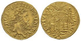 Naples Carlo V (1516-1556). Ducato, ND, AU 3,35 g. Ref : MIR 131 Provenance : Nomisma 35, 16-17/10/2007, lot 672. Extremely fine
Estimation: 3500-450...