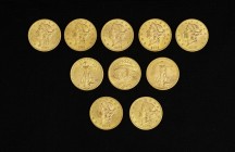 USA 10 pieces of 20 dollars, AU 33.4 g. each Very fine / extremely fine
Estimation: 12000-12500 EUR