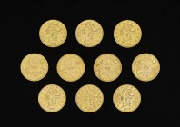 USA 10 pieces of 20 dollars, AU 33.4 g. each Very fine / extremely fine
Estimation: 12000-12500 EUR