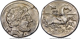 SPAIN. Turiaso (Zaragoza). Ca. 2nd-1st centuries BC. AR denarius (18mm, 11h). NGC XF. Ca. 100-75 BC. Bare male head right, wearing necklace; Ca, S, Tu...