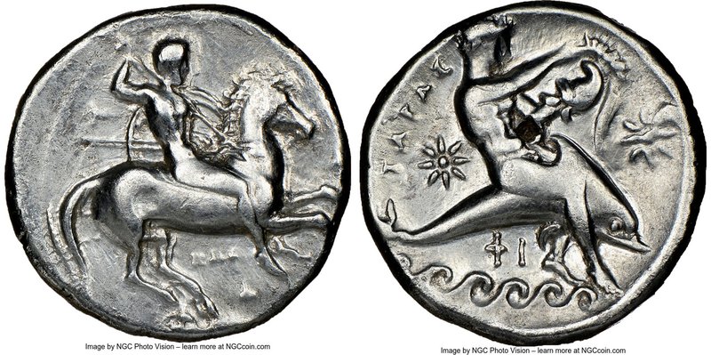 CALABRIA. Tarentum. Ca. 332-302 BC. AR stater or didrachm (21mm, 1h). NGC VF, pu...