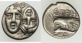 MOESIA. Istrus. Ca. 4th century BC. AR quarter-drachm (11mm, 1.13 gm, 1h). XF. Imitative issue of two facing male heads side-by-side, the right invert...