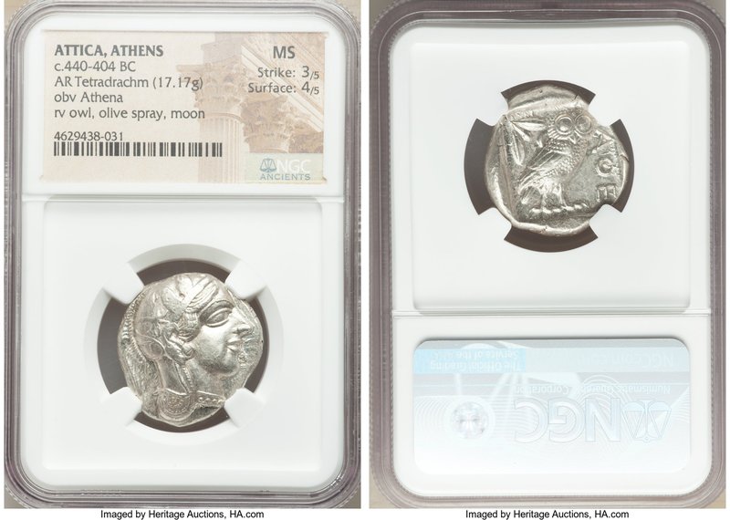 ATTICA. Athens. Ca. 440-404 BC. AR tetradrachm (25mm, 17.17 gm, 6h). NGC MS 3/5 ...