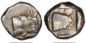 CARIA. Uncertain mint. Ca. 450-400 BC. AR diobol (14mm, 2h). NGC XF. Milesian standard. Forepart of bull right / Head of bull right; within incuse squ...