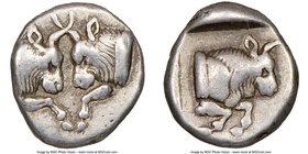 CARIA. Uncertain mint. Ca. 450-400 BC. AR obol (10mm, 6h). NGC VF S. Milesian standard. Confronted foreparts of two bulls, each with extended foreleg ...