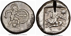 PAMPHYLIA. Aspendus. Ca. mid-5th century BC. AR stater (20mm, 8h). NGC Choice VF, brushed, (test cut). Helmeted nude hoplite warrior advancing right, ...
