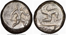 PAMPHYLIA. Aspendus. Ca. mid-5th century BC. AR stater (18mm, 12h). NGC Choice Fine. Helmeted nude hoplite advancing right, shield in left hand, spear...