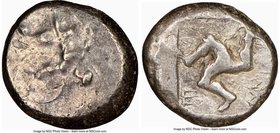 PAMPHYLIA. Aspendus. Ca. mid-5th century BC. AR stater (20mm, 3h). NGC Fine. Helmeted nude hoplite advancing right, shield in left hand, spear forward...