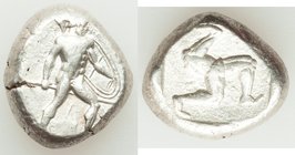 PAMPHYLIA. Aspendus. Ca. mid-5th century BC. AR stater (20mm, 10.88 gm). Choice Fine. Ca. 465-430 BC. Helmeted nude hoplite advancing right, spear for...