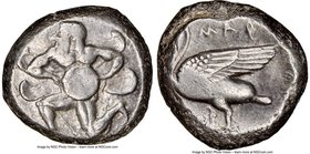 CILICIA. Mallus. Ca. 440-385 BC. AR stater (20mm, 11.30 gm, 5h). NGC Choice VF 3/5 - 4/5. Bearded male, winged, in kneeling/running stance left, holdi...