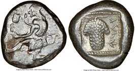 CILICIA. Soloi. Ca. 440-400 BC. AR stater (20mm, 11h). NGC VF. Amazon, nude to waist, on one knee left, wearing pointed cap, bowcase attached to belt,...