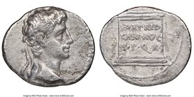 Augustus (27 BC-AD 14). AR denarius (19mm, 5h). NGC Choice Fine. Spain (Colonia Patricia?), ca. 19-18 BC. Laureate head of Augustus right / Square alt...