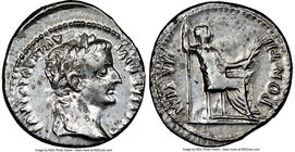 Tiberius (AD 14-37). AR denarius (19mm, 5h). NGC Choice VF, scuff. Lugdunum. TI CAESAR DIVI-AVG F AVGVSTVS, laureate head of Tiberius right / PONTIF-M...