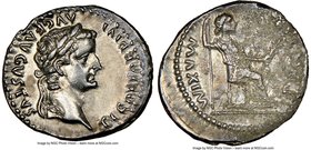 Tiberius (AD 14-37). AR denarius (19mm, 7h). NGC VF. Lugdunum. TI CAESAR DIVI-AVG F AVGVSTVS, laureate head of Tiberius right / PONTIF-MAXIM, Livia (a...