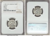Cilician Armenia. Levon I Tram ND (1198-1219) MS62 NGC, 22mm. 2.99gm. Levon seated facing on throne ornamented with lions, holding lis and cross / Two...