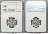 Cilician Armenia. Levon I Tram ND (1198-1219) MS62 NGC, 22mm. 2.95gm. Levon seated facing on throne ornamented with lions, holding lis and cross / Two...