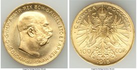 Franz Joseph I gold Restrike 100 Corona 1915 UNC, KM2819. Brilliant luster and mark free surfaces. AGW 0.9802 oz.

HID09801242017