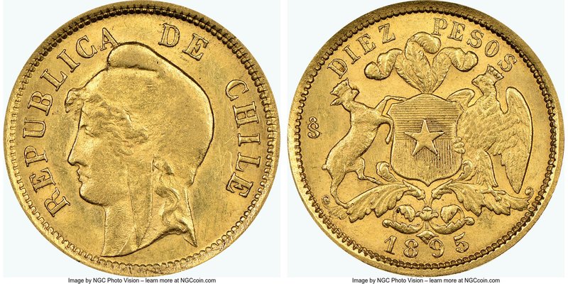 Republic gold 10 Pesos 1895 MS62 NGC, KM154. Slight rub on the high points while...